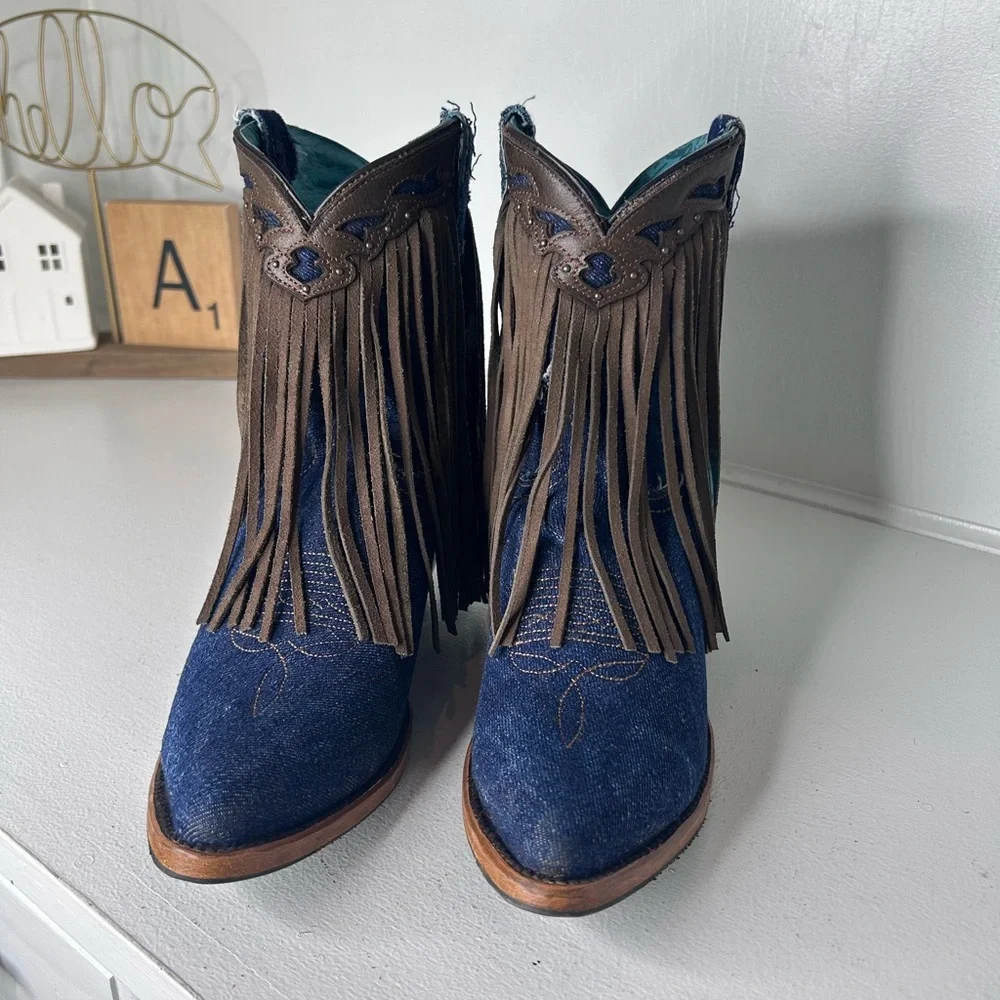 **SOLD**Corral Fringe Denim Cowgirl Boots Women’s 11 Western Rodeo Style, Rare - Picture 3 of 8